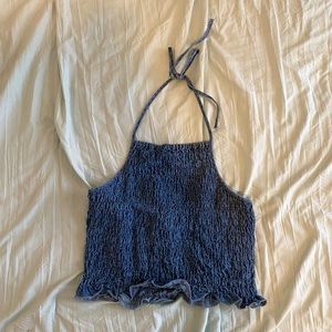 American Eagle ruched denim halter top with lettuce edge - size medium